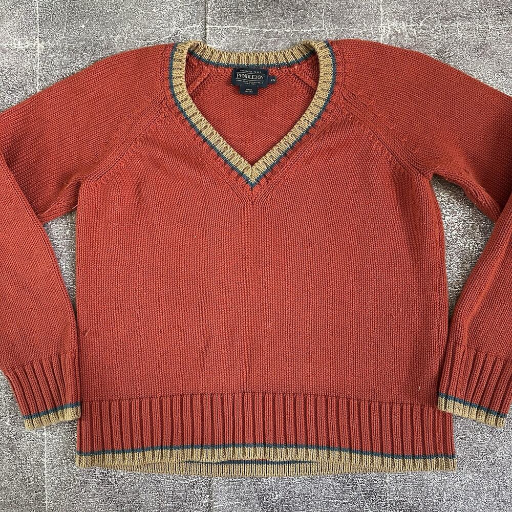 Women's Pendleton Tipped Cotton Burnt Orange Oversized Pullover Sweater Sz XS